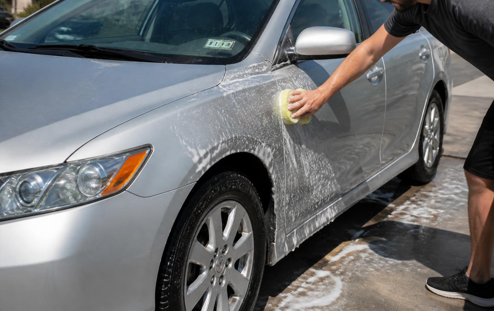 An everyday sedan being washed in a driveway